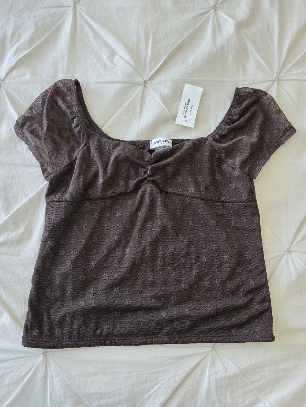 NWT RSQ Girls Brown Flocked Mesh Top Ruched Front Short Sleeve